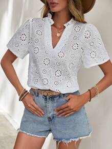 SHEIN LUNE 褶邊泡泡袖襯衫 - 白色 - 查看 3