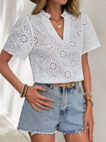 SHEIN LUNE 褶邊泡泡袖襯衫 - 白色 - 查看 1