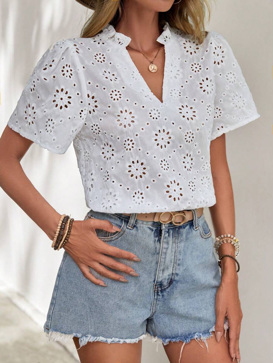 SHEIN LUNE 褶邊泡泡袖襯衫 - 白色 - 查看 1