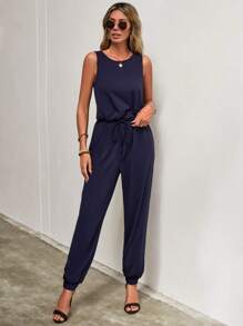 SHEIN Clasi Áo liền quần nữ Dây kéo Thắt nút màu trơn Giải trí - Màu xanh hải quân - Xem 5