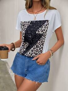 SHEIN LUNE 豹紋印花蝙蝠袖T恤 - 白色 - 查看 1