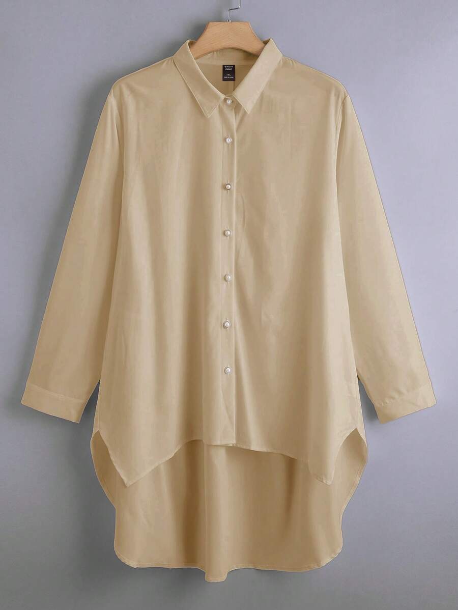 SHEIN LUNE Áo sơ mi Plus Size Cao thấp Nút phía trước màu trơn Giải trí - Lạc đà - Xem 1
