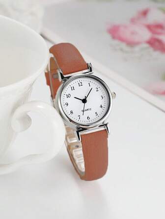 1入組棕色PU聚氨酯帶優雅防水圓形錶盤石英表,適用於日常生活