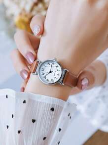 1入組棕色PU聚氨酯帶優雅防水圓形錶盤石英表,適用於日常生活