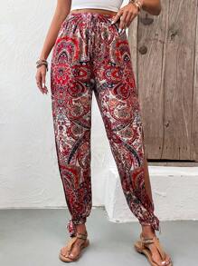 SHEIN VCAY Paisley Print Split Thigh Knot Hem Trousers - Multicolor - View 1