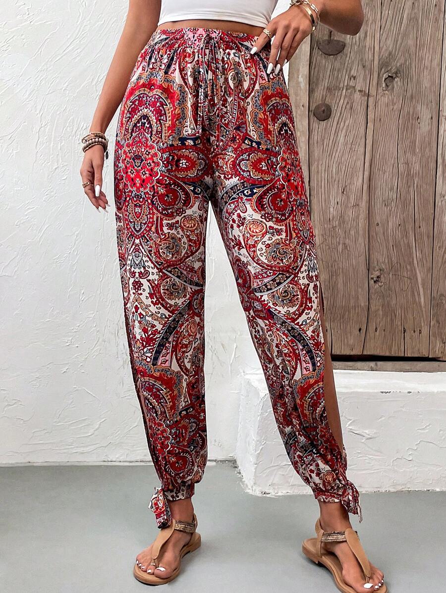 SHEIN VCAY Paisley Print Split Thigh Knot Hem Trousers - Multicolor - View 1