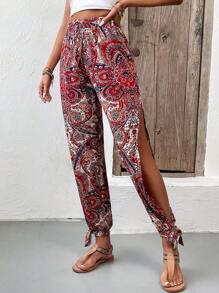 SHEIN VCAY Paisley Print Split Thigh Knot Hem Trousers - Multicolor - View 3