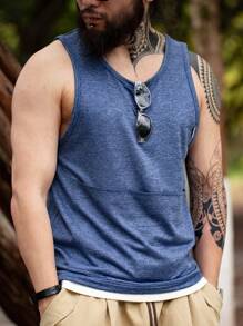 Nam Dệt kim Marled Chi tiết được vá Áo ba lỗ - Màu xanh lam - Xem 1