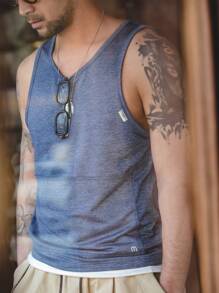 Nam Dệt kim Marled Chi tiết được vá Áo ba lỗ - Màu xanh lam - Xem 2