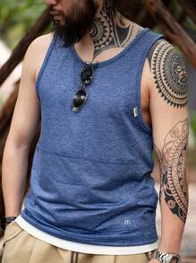 Nam Dệt kim Marled Chi tiết được vá Áo ba lỗ - Màu xanh lam - Xem 5