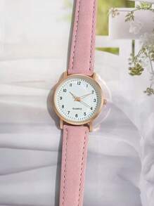 1pc Women Fashionable Casual Minimalist Leather Strap Quartz Wrist Watch, Gift For Women - Pink - View 3