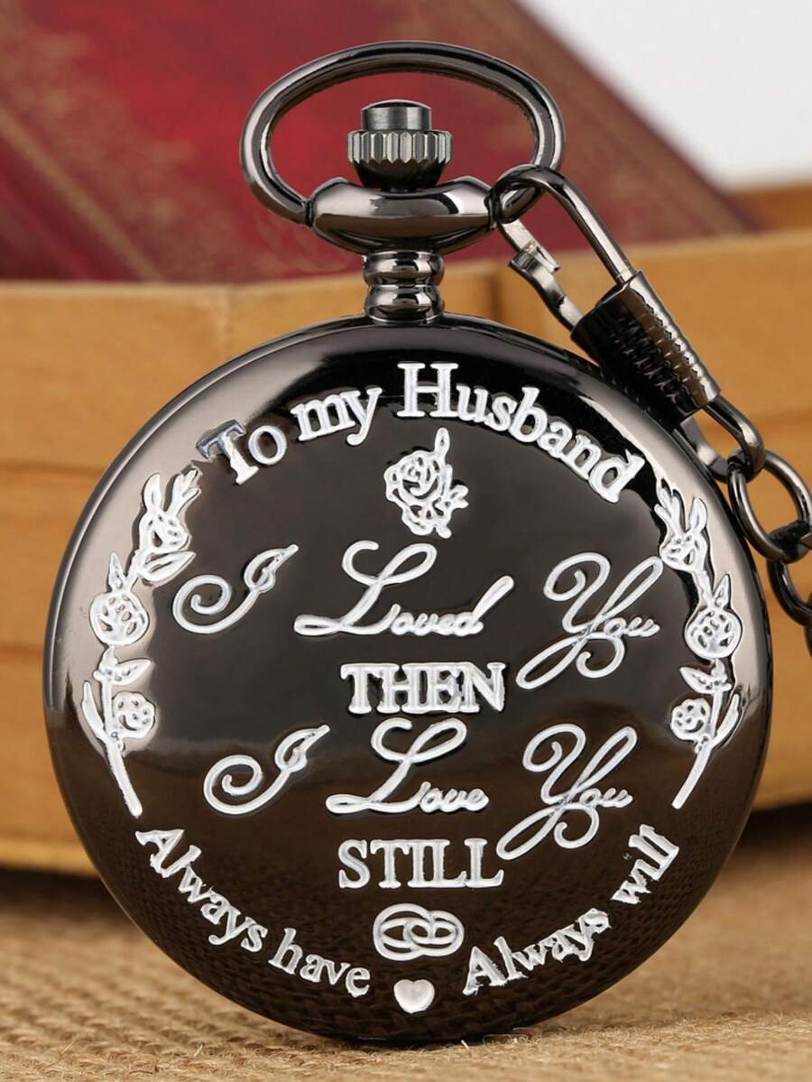 Letter Graphic Pocket Quartz Watch - Black - View 1