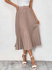 SHEIN Clasi 纯色腰带褶裥半身裙 女装秋季款 - 杏色 - 查看 5