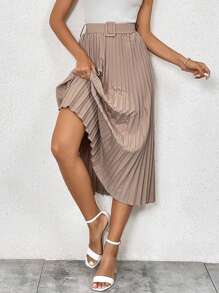 SHEIN Clasi 纯色腰带褶裥半身裙 女装秋季款 - 杏色 - 查看 6