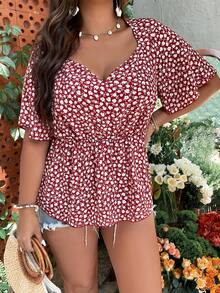 大碼碎花荷葉袖荷葉邊下擺襯衫 - 紅色 - 查看 4