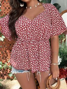 大碼碎花荷葉袖荷葉邊下擺襯衫 - 紅色 - 查看 7