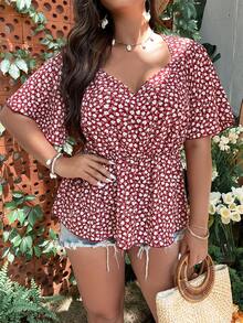 大碼碎花荷葉袖荷葉邊下擺襯衫 - 紅色 - 查看 8