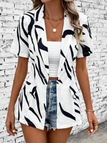 Chiquease 滿版印花西裝領翻蓋細節西裝外套 - 黑與白 - 查看 1