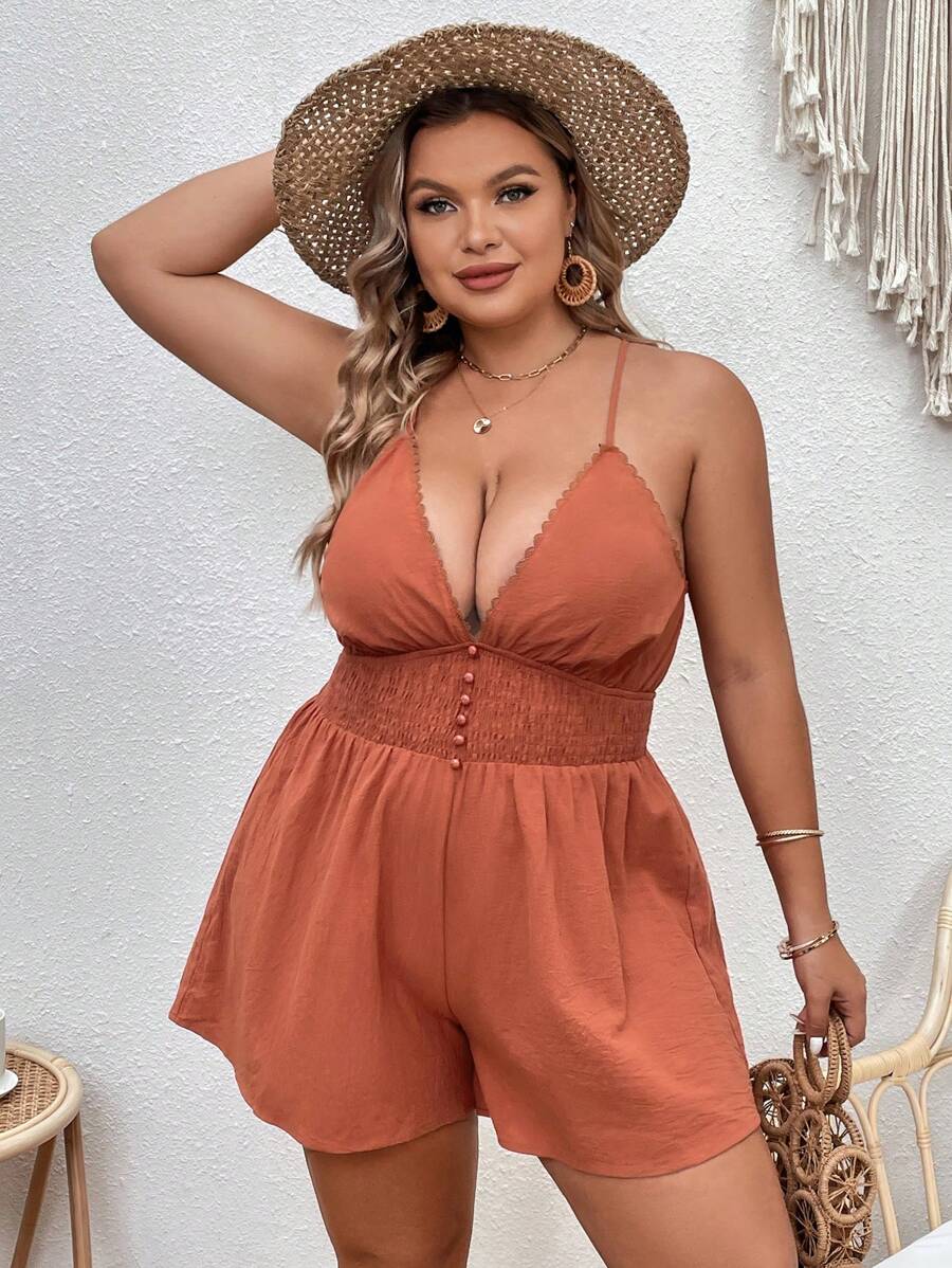 SHEIN VCAY Jumpsuits Plus Size Tương phản ren Buộc lại Dải chun Nút phía trước màu trơn Gợi cảm - Màu Cam cháy - Xem 1