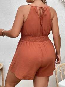 SHEIN VCAY Jumpsuits Plus Size Tương phản ren Buộc lại Dải chun Nút phía trước màu trơn Gợi cảm - Màu Cam cháy - Xem 2