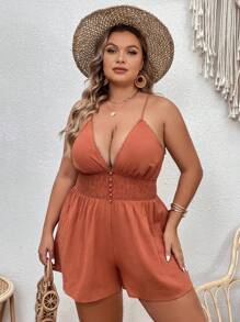 SHEIN VCAY Jumpsuits Plus Size Tương phản ren Buộc lại Dải chun Nút phía trước màu trơn Gợi cảm - Màu Cam cháy - Xem 3