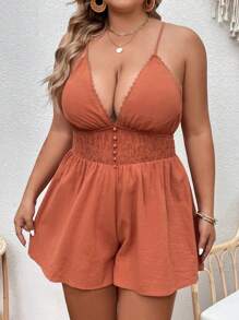 SHEIN VCAY Jumpsuits Plus Size Tương phản ren Buộc lại Dải chun Nút phía trước màu trơn Gợi cảm - Màu Cam cháy - Xem 4