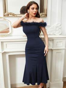 Modelyn Off Shoulder Fuzzy Trim Mermaid Hem Dress - Royal Blue - View 3