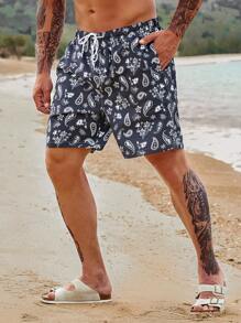 Manfinity Hombres Shorts de natación con estampado de paisley de cintura con cordón - Blanco y Negro - Ver 5