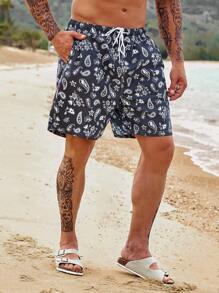 Manfinity Hombres Shorts de natación con estampado de paisley de cintura con cordón - Blanco y Negro - Ver 7