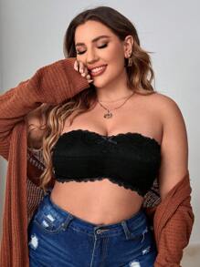 Plus Floral Lace Bow Front Bandeau Bra - Black - View 3