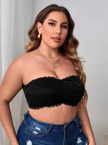 Plus Floral Lace Bow Front Bandeau Bra - Black - View 4