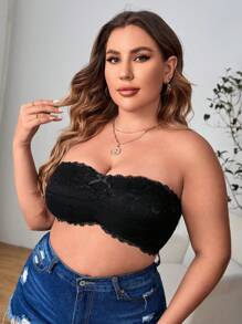 Plus Floral Lace Bow Front Bandeau Bra - Black - View 5