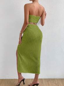 Breezaya 素色抹胸上衣和前扭結高衩半身裙 - 青檸色 - 查看 2