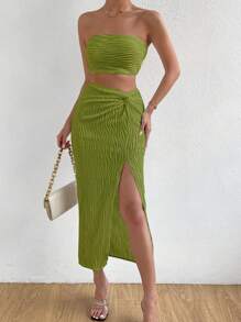 Breezaya 素色抹胸上衣和前扭結高衩半身裙 - 青檸色 - 查看 4