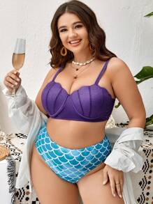 SHEIN Swim Curve Plus Size Fish Scales Print Push Up Bikini Set Summer Beach - Multicolor - View 5