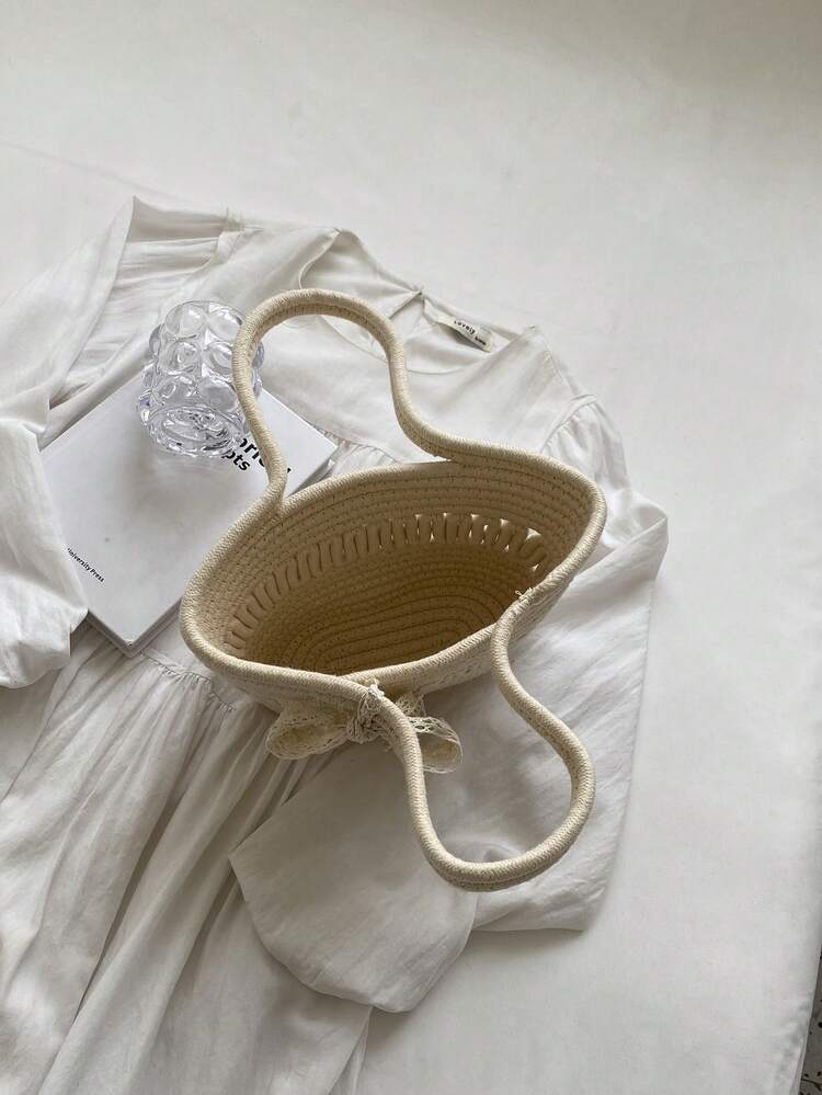 絲巾裝飾草編包敞口雙把手度假 - 米色 - 查看 3