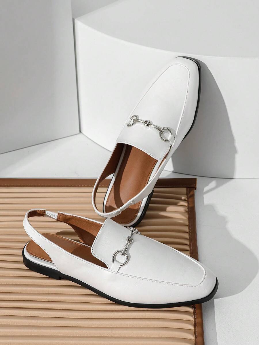 Giày bệt quai hậu mũi vuông trang trí bằng kim loại cho nữ, giày bệt màu trắng thanh lịch - trắng - Xem 1