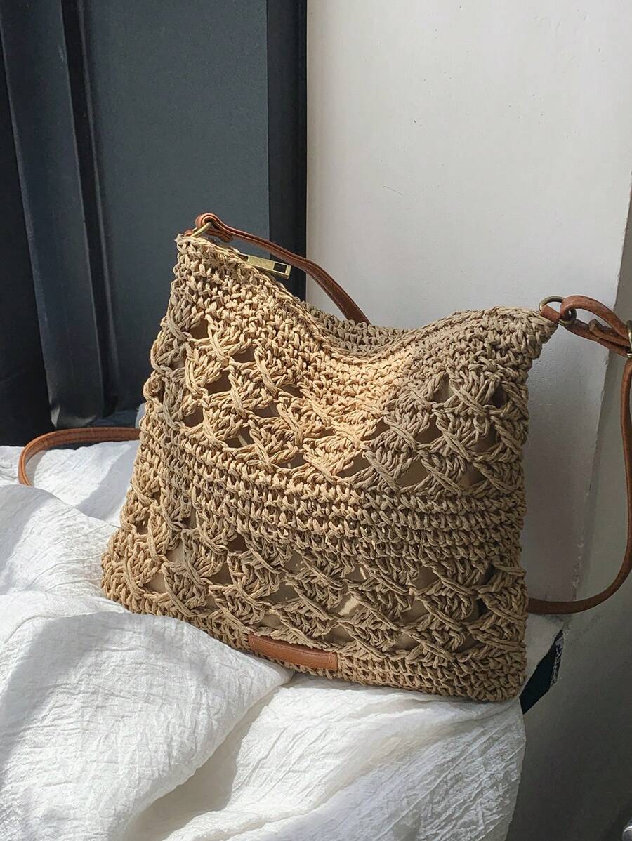 Hollow Out Straw Bag With Zipper Vacation - Khaki - View 1