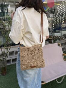 Hollow Out Straw Bag With Zipper Vacation - Khaki - View 2