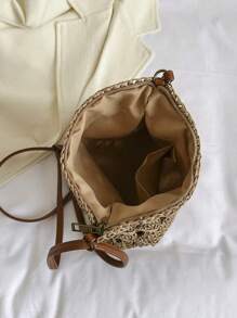 Hollow Out Straw Bag With Zipper Vacation - Khaki - View 4