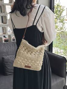 鏤空草編包帶拉鍊度假 - 米色 - 查看 2