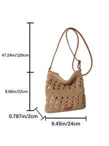 Hollow Out Straw Bag With Zipper Vacation - Khaki - View 5