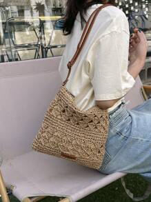 Hollow Out Straw Bag With Zipper Vacation - Khaki - View 6