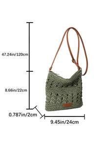 鏤空草編包帶拉鍊度假 - 墨綠色 - 查看 3