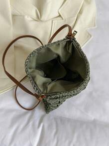 鏤空草編包帶拉鍊度假 - 墨綠色 - 查看 6