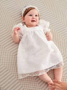 SHEIN Bimba Abito smock con manica a sbuffo collo quadrato sovrapposizione di pizzo