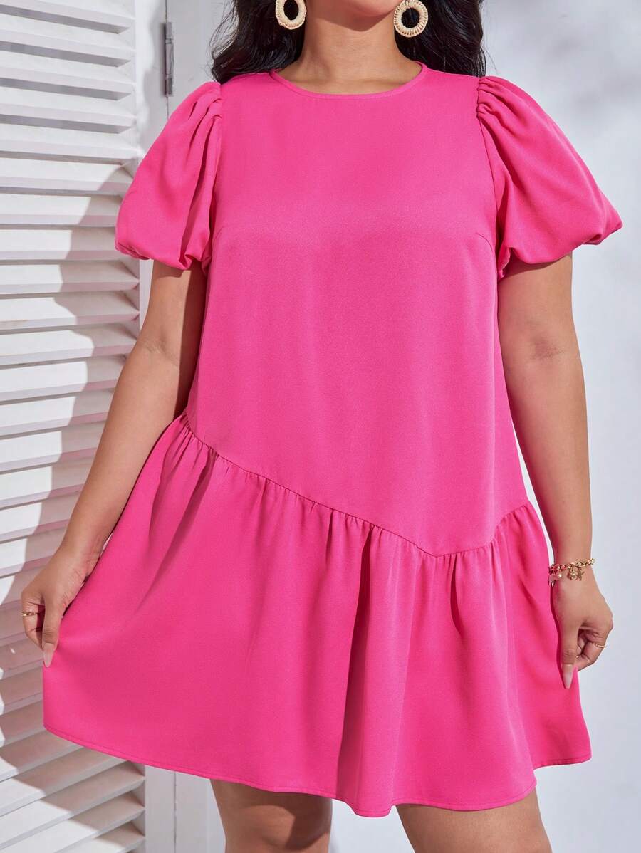 SHEIN VCAY Đầm Plus Size Nút Viên lá sen màu trơn Dễ thương - Màu Hồng Tươi - Xem 1