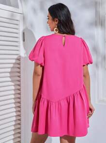 SHEIN VCAY Đầm Plus Size Nút Viên lá sen màu trơn Dễ thương - Màu Hồng Tươi - Xem 2