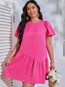 SHEIN VCAY Đầm Plus Size Nút Viên lá sen màu trơn Dễ thương - Màu Hồng Tươi - Xem 5