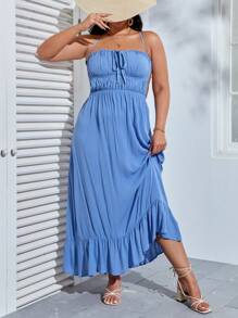 SHEIN VCAY Đầm Plus Size Lộ Lưng Hội Chữ thập Xù Viên lá sen Buộc lại Thắt nơ trước Nếp gấp Phần Ngực màu trơn Gợi cảm - Màu xanh lam - Xem 1